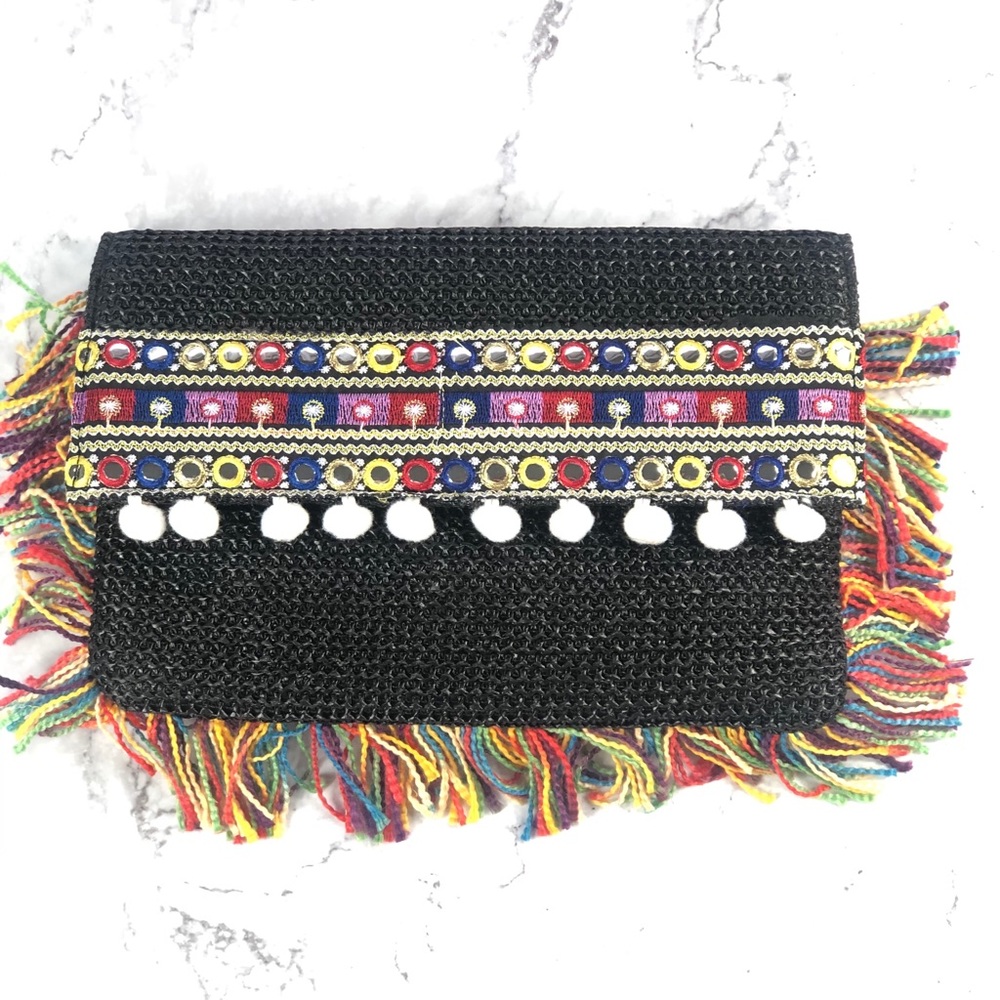 NWT black clutch Peruvian pom pom style crossbody